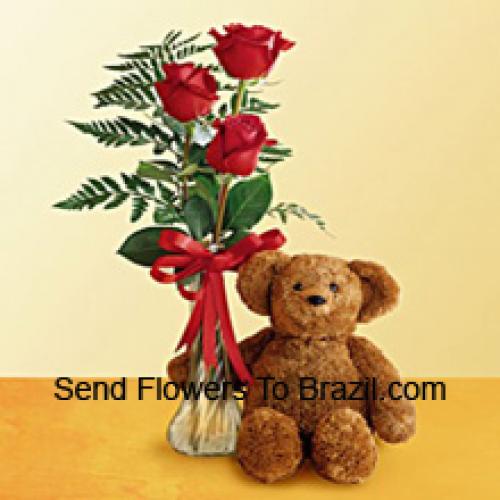 3 Rose Rosse con Orso di Peluche da 12 Pollici