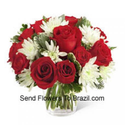 Red Roses and Cute chrysanthemums in Vase